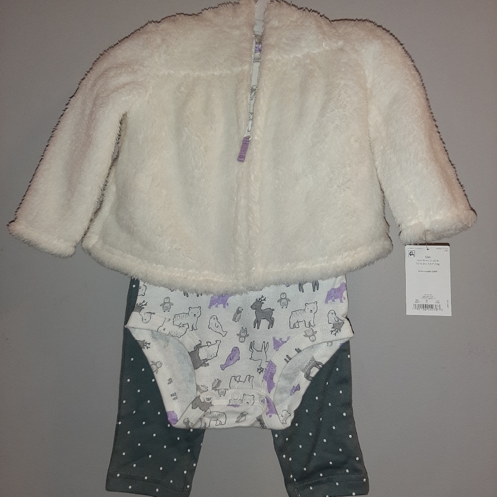 🆕️ Carter's Baby Girls 3 Piece Outfit Set Furry Jacket Onesie Pants 12 Months
